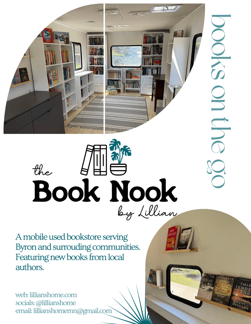 Book Nook flyer: photos of the bookshelf-lined interior of the mobile bookstore with The Book Nook by Lillian logo and the words "books on the go"