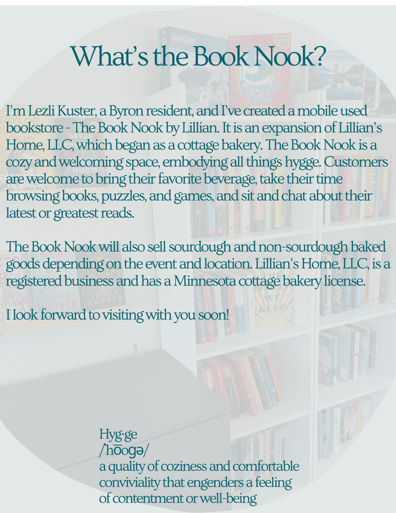 Book Nook flyer: "What's the Book Nook?" text over a faded photo of bookshelves