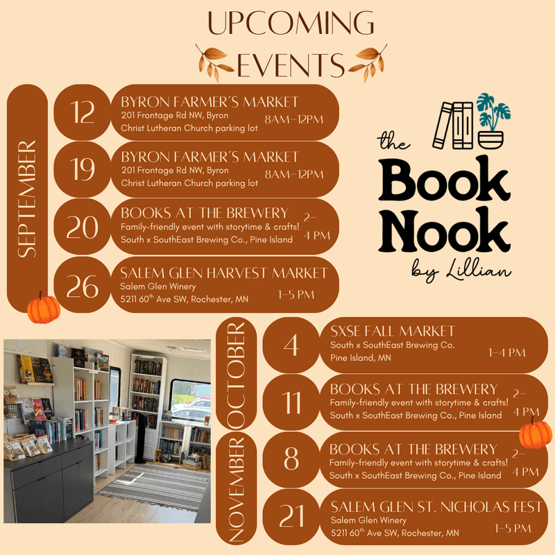 Book Nook fall 2026 event calendar, September through November, with a photo of the bookshelf-lined mobile bookstore. Remaining dates are listed below.